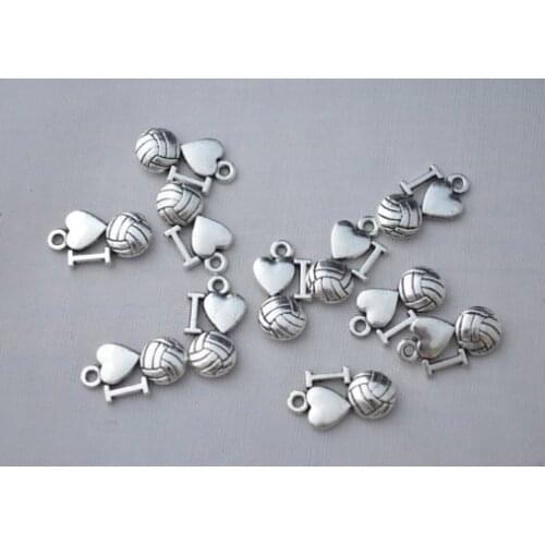 100pcs/lot 7*19mm Volleyball Charms Antique Silver Tone I Love Volleyball For Jewelry Findings