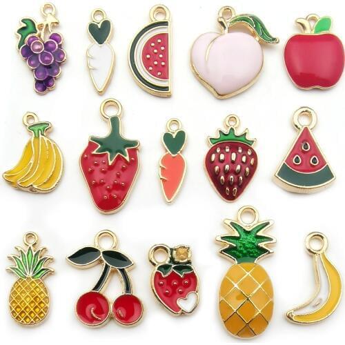 New Fashion 10pcs Mixed Style Fruit Drop Oil Alloy Pendant Copper Plated Charm Pendants Jewelry Making Grapes strawberrie apple