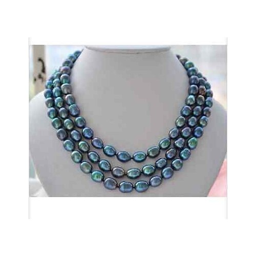 Stunning 8-9mm tahitian peacock green baroque pearl necklace 50"