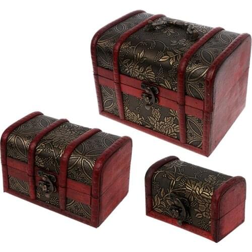 3Pcs Different Sizes Vintage Wooden Storage Pirate Treasure Chest Jewelry Box