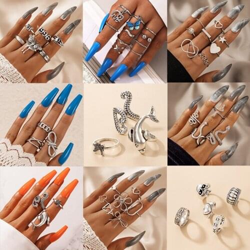 VIVILADY Punk Retro Animal Snake Butterfly Bat Spider Knife Mushroom Rings Set For Women Gothic Chain Ring Jewelry Drop Shipping