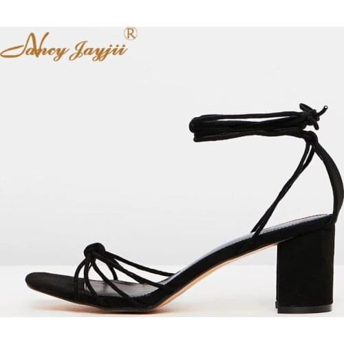 Women Shoes Ladies Sandals Black Solid Ankle Strap Lace-Up Wedding/Party Super High Square Heels Elegant Fashion Mature 2019