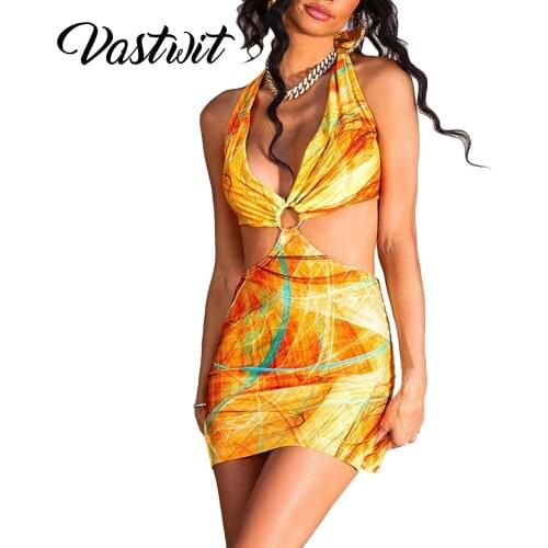 Womens Printed Hollow Out Dresses Sexy Halter Neck Sleeveless Cutout Bodycon Streetwear Beach Dress