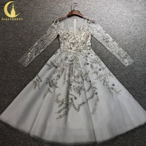 Rhine real Pictures Long Sleeves Elie Saab Grey Crysal Tea-Length Fashion Prom Dresses платье 2021 Party Dress