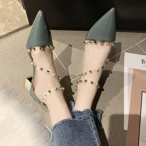 Rivet Metal Decoration Pu Leather Style Women High Heels Zapatos De Mujer Pumps 2020 Womens Shoes Fashion Female Sandals U18-71