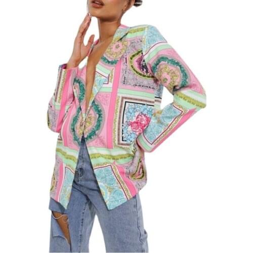 2021 Ladies Blazer Long Single Button Printed Suit Blue Pink Fashion Slim Casual Jacket Large Size