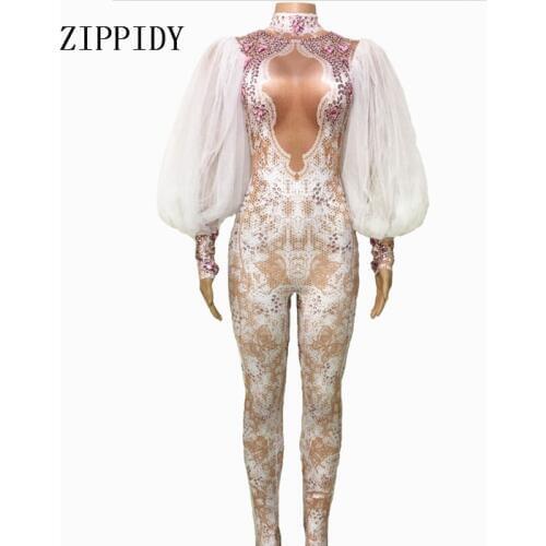 Fashion Spandex Lace Sleeves Rhinestones Jumpsuit Sexy Womens Leggings One Piece Performance Stage Costume Nightclub Outfit