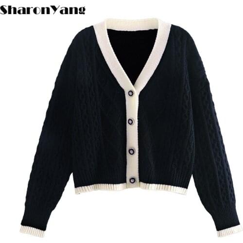 V-neck Knitted Cardigan Women Cropped Outerwear 2021 Spring and Autumn New Vintage Style Loose Sweater Coat White Tops