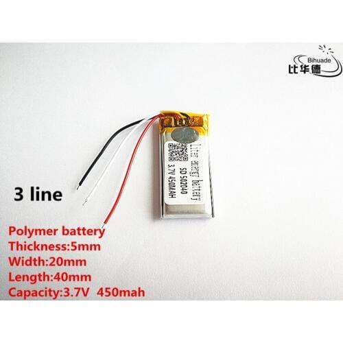 5pcs/lot 3 line Good Qulity 3.7V,450mAH,502040 Polymer lithium ion / Li-ion battery for TOY,POWER BANK,GPS,mp3,mp4