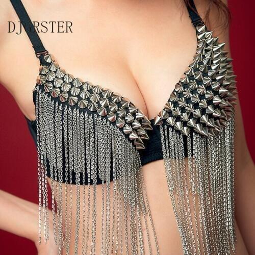 DJGRSTER Silver Punk Belly Party Disco Rivet Bra Spike Stud Dance Tassel Bra Sexy B Cup Bras Underwear Singer Dance Bra