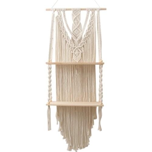 Double Layer Bohemian Macrame Tapestry Rack Hand-woven Wall Hanging Flower Storage Wooden Shelf Tapestry Rack Wall