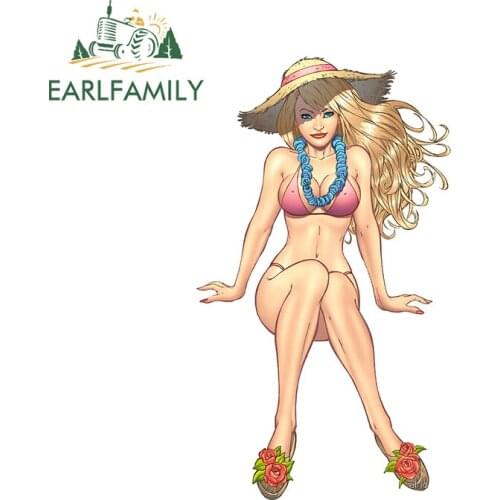 EARLFAMILY 13cm x 7.7cm for Sexy Bikini Girl with Hat Funny Car Stickers Waterproof Refrigerator Decal Bumper Car Assessoires