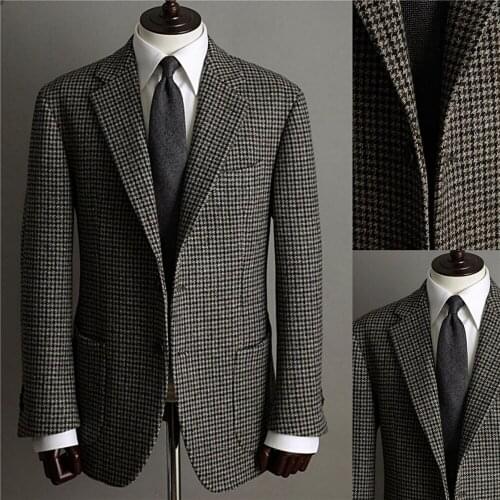 Classic Plaid Men Woolen Coat England Style Notched Lapel Check Blazer Custom Made Daily Casual Tuxedos