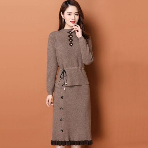 Two-piece Drawstring Long Sleeve Button Sweater Female Solid Color Elastic Band Knee-Length Knitted Skirt Women Sets Women 2020