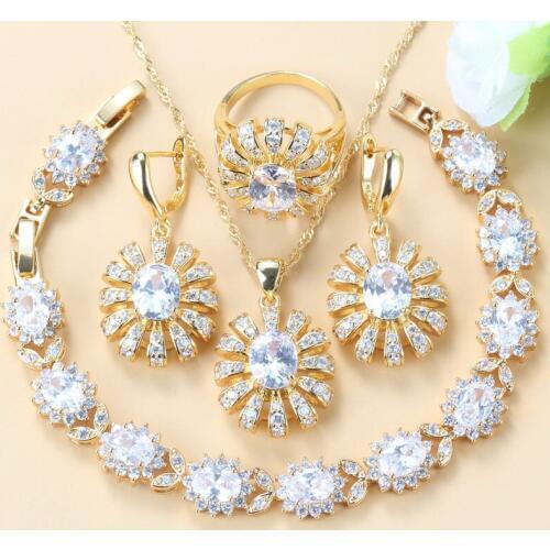 Elegant Women Costume Yellow Gold Color Wedding Big Flower Jewelry Sets Dangle/Earrings/Necklace/Bracelet/Ring 6-Colors Set