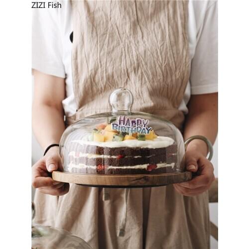 Creative Cake Turntable Wooden Pallets Glass Cover Snack Bread Tray Dessert Display Stand Silk Turntable Kitchen Decoration