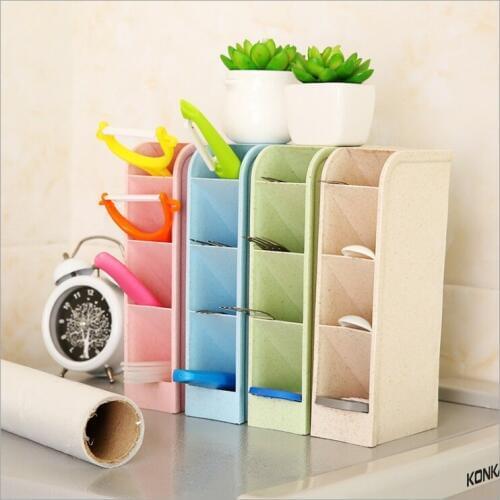Wheat Straw Multi-function 4 Grid Desktop Pen Holder Office School Storage Case Clear 4 colors Box Desk Pen Pencil Organizer