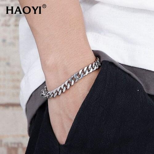 HAOYI 8mm Punk Miami Cuban Bracelet Collar Statement Hip Hop Chunky Steel Gold Color Thick Chain Bracelet Men and Women Jewelry