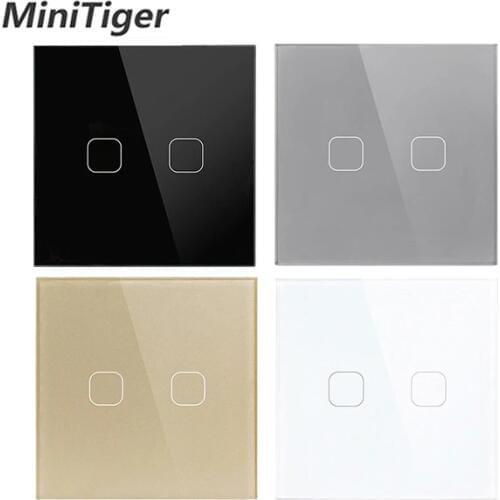 Minitiger AC220V, 2 Gang 1Way Light Wall Touch Screen Switch EU standard Touch Switch 4 Color Crystal Glass Panel Touch Switch