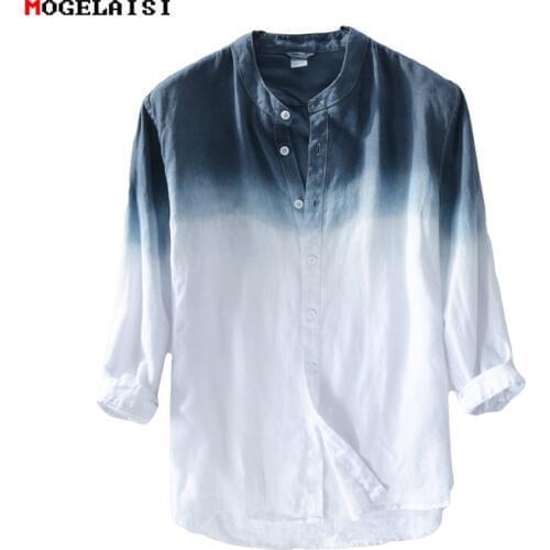 New spring 2019 Shirt Men linen cotton three quarter Sleeve Shirts For Men Standing collar Comfortable Shirt Asian size M-XXXL