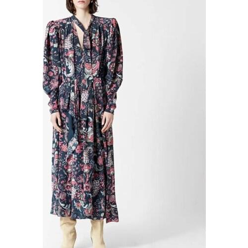 New 2021 Autumn Dress Fashion Design Long Sleeve V-Neck Flower Printed Vintage Elegant Slit Dresses