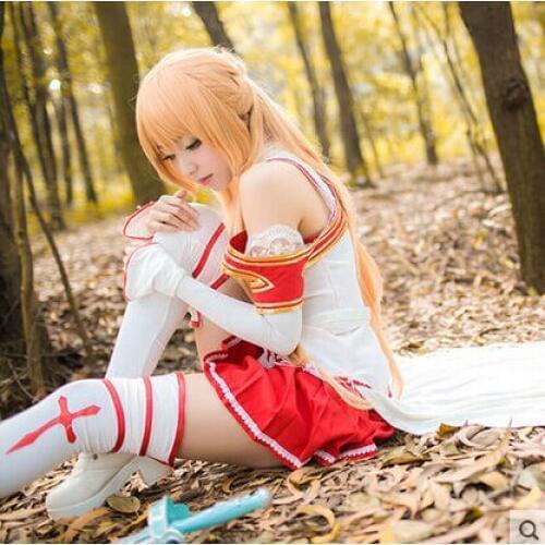 New Anime Sword Art Online Cosplay Asuna Titania Cos Halloween Battle Dress Full Set 6in1(Top+Skirts+Breastplate+Belt+Gloves+Soc