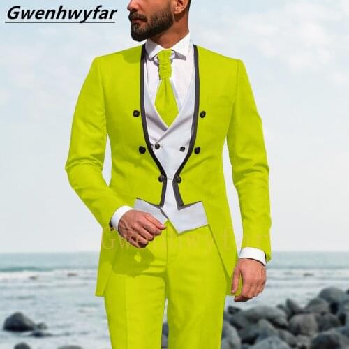 Gwenhwyfar Black Rim New Design Costume Homme Marriage Grass Green Mens Suit With White Vest Red Royal Blue Tailcoat Mens Suit