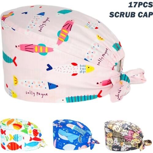 Wholesale New Scrub Cap 100% Cotton Fish Print Adjustable Nursing Caps Beauty Salon Pet Shop Working Accessories Surgicals Hats