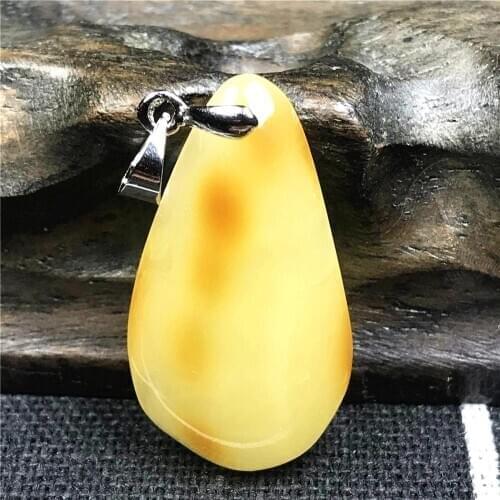 Genuine Natural Yellow Amber Necklace Pendant Jewelry For Woman Lady Man Crystal 28x16x6mm Beads Stone Silver Hook Pendant AAAAA
