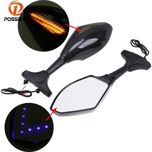 POSSBAY Motorcycle Mirrors With LED Light For Honda Yamaha Kawasaki Suzuki Rear View Motorbike Mirrors Cafe Racer Flasher Mirror
