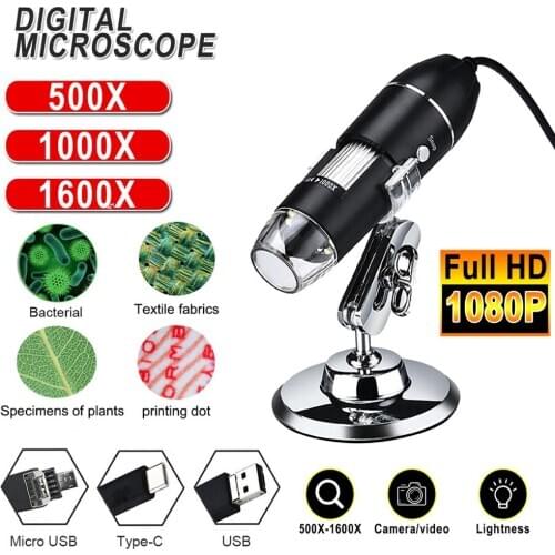 Adjustable 500X 1000X 1600X 1080P 8 LED Digital Microscope Type-C/Micro USB/USB Magnifier for PC Electronic Stereo USB Endoscope