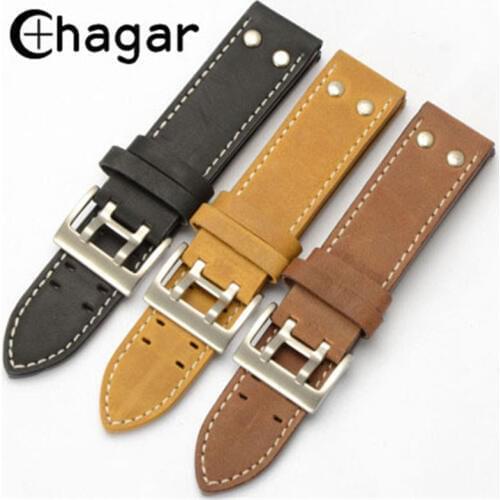 22mm Vintage Crazy Horse Handmade Genuie Leather Watchband Rivet Khaki Black Mens watch strap bracelet wristband Accessories