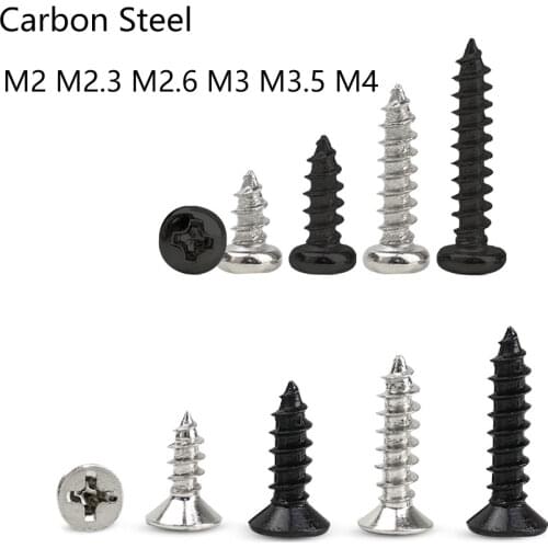 M2 M2.3 M2.6 M3 M4 Steel Iron Pan Head Phillips Cross Recessed Self Tapping Screw Metric Thread Round Head Bolt Black