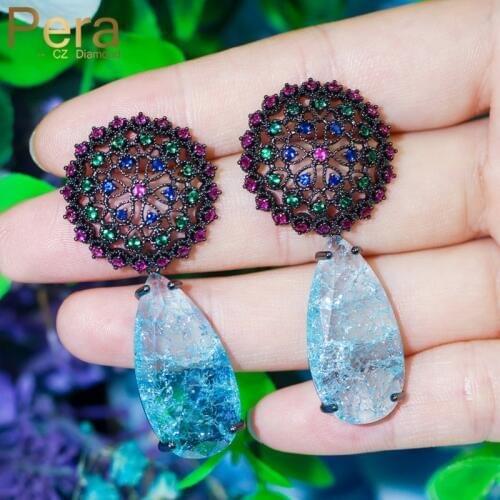Pera Romantic Big Colorful Round Flower Long Debris Light Blue Sapphire Tear Drop Bridal Wedding Engagement Dangle Earrings E579