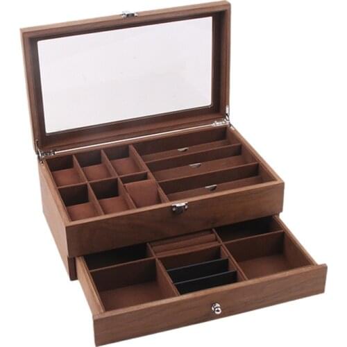 High Quality 6+3 Grids Wooden Watch Organizer Glass Lock Double Layer Retro Watch Glasse Jewelry Box Display Case Storage Casket
