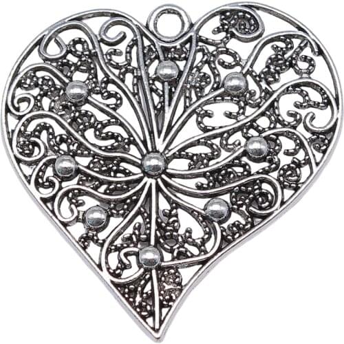 WYSIWYG 1pcs 52x52mm Filigree Carved Heart Charm Pendants Large Hollow Carved Heart Charm Pendant For Jewelry Making