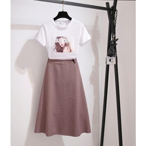 2020 Summer Women Fashion Print 2 Piece Clothing Set Character Pattern Tshirt Top + High Waist Button Plaid Midi Skirt Suits