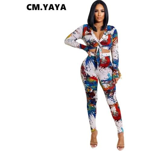 Lemon Gina Women Tracksuit Splash Ink Bandage Crop Tops Stretchy Pencil Pants Two 2 Piece Sets Casual Outfit Fashion Streetwear