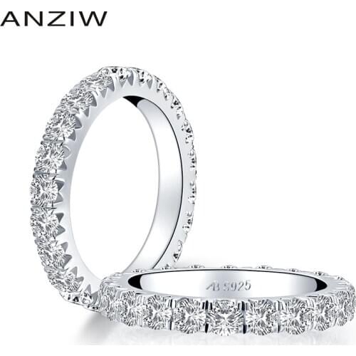 ANZIW 925 Sterling Silver 3.0mm Round Cut Full Eternity Ring for Women Simulated Diamond Engagement Wedding Band Ring Jewelry