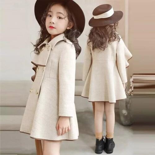 Girls Woolen Long Coat Jacket Autumn Winter 2021 New Korean Version Big Teenage Plus Velvet Thick Luxury Design High Quality
