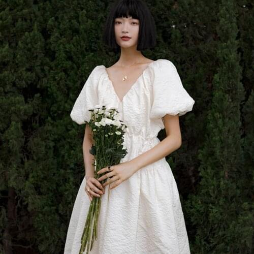 Summer 2021 Vintage Women V-neck Jacquard Puff Sleeve White Mini Dresses Casual Short Sleeve Korean Ladies Vestido Mujer Verano