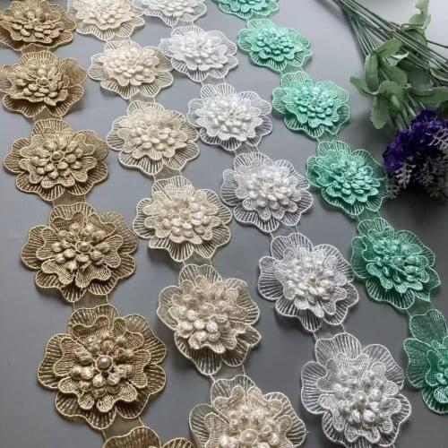 10X Gold Pearl Beaded Polyester Flower Lace Trim Ribbon French Fabric Handmade Embroidered Knitting Patches Sewing Craft 7.5cm
