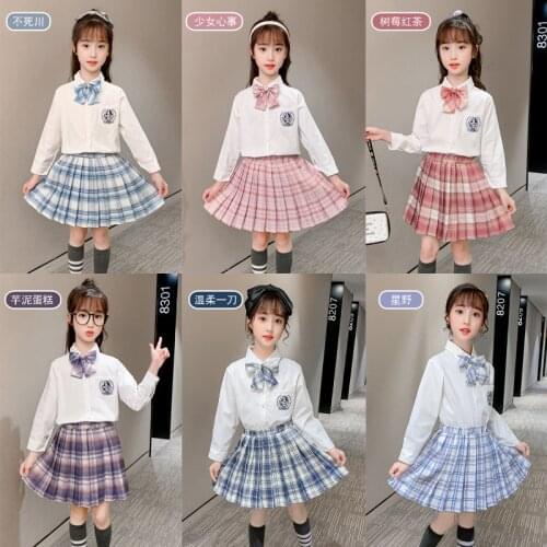 2021 Spring And Autumn Junior High School Uniform Skirt Set For Girls Children Blouse + Skirts + Bow Tie + Coat 4 Pieces