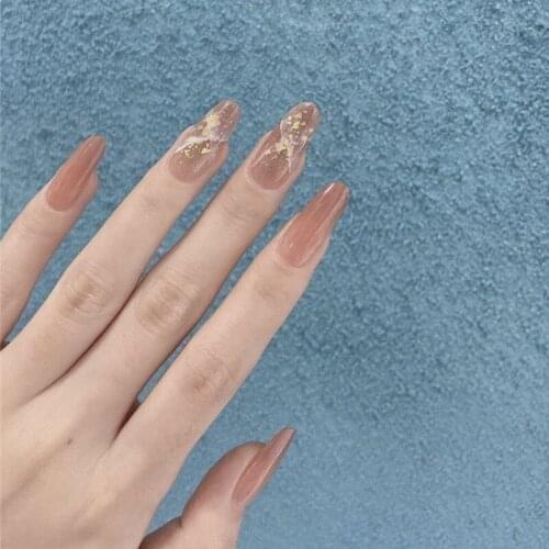 24pcs Sequins Fake Nail Patch Glue Type Removable Long Paragraph Fashion Manicure Save Time Coffee smudge False Nail Patch