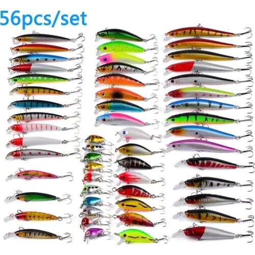 56pcs/set Mixed Size Mixed Minnow Fly Fishing Lure Set Hard Bait Jig VIB Lure Wobbler Carp Crankbait Fishing Tackle