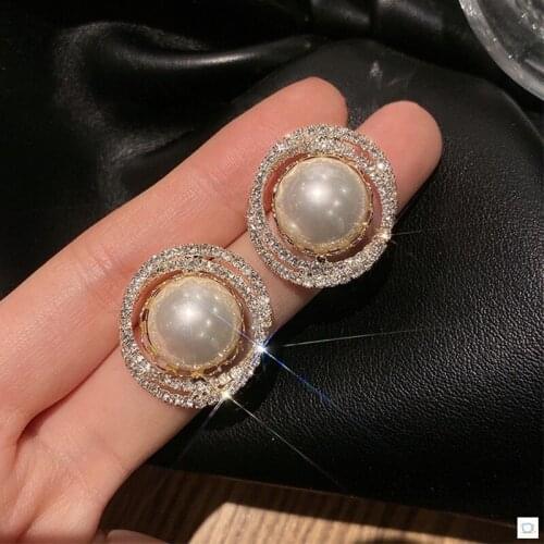 Big Simulated Pearl Stud Earrings for Women Girl Round Geometric Rhinestone Earrings Party Weddings Jewelry Gifts
