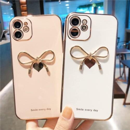 Love Heart Bowknot Plating Phone Case For iPhone 12 11 Pro Max XR X XS Max 7 8 Plus 12 Mini 11 Shockproof Bumper Soft Back Cover