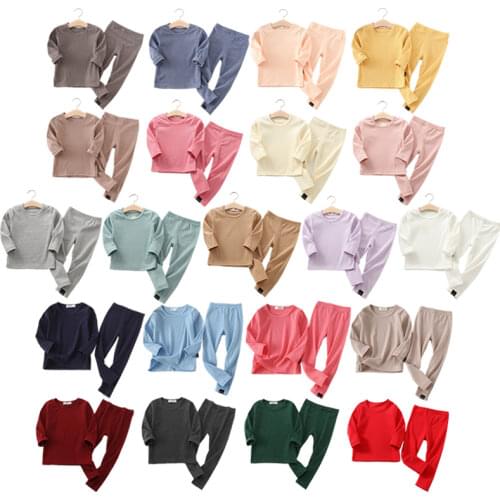 Spring Autumn Fall Winter Boys Girls Kids Cotton Clothes Set Rib Fabric Shirt + Pants Children Loungewear