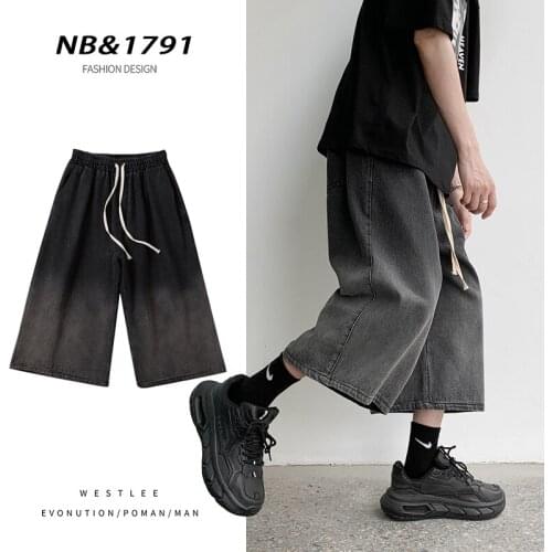 Summer Gradient Jeans Shorts Male Calf Length Trousers Denim Elastic Waist Short Jean Mens Oversized Black/Blue S-2XL