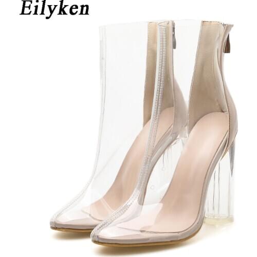 Eilyken Spring Autumn New Women Ankle Boots Round Head Transparent PVC Zipper Sewing Crystal Square High Heels Chelsea Boots